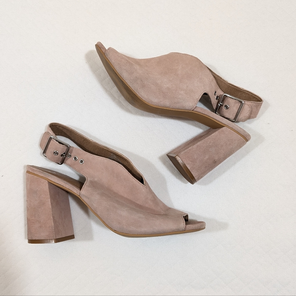 BP Sueded Peep-Toe Block Heel Slingback, Metal Buckle, Dusty Pink, size 8.5